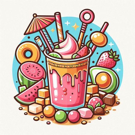 Fruit smoothies with ice cream, strawberries, watermelon, kiwi, banana, orange, chocolate. Vector illustration of summer food.のイラスト素材