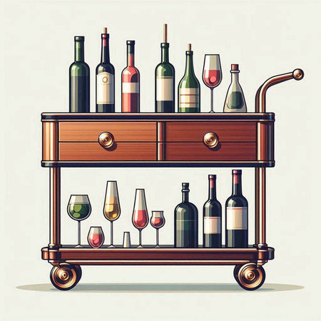 Vector illustration of a wine cabinet with bottles and glasses in retro styleのイラスト素材