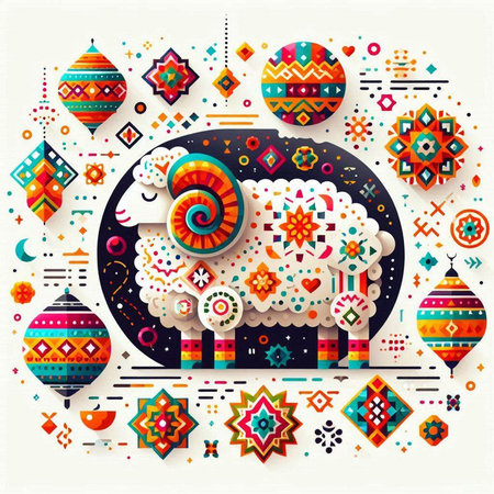 Colorful abstract ethnic background with sheep and geometric elements. Vector illustration.のイラスト素材