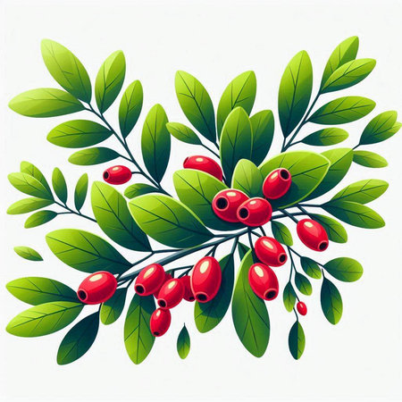 Hawthorn branch with red berries and green leaves. Vector illustration.のイラスト素材