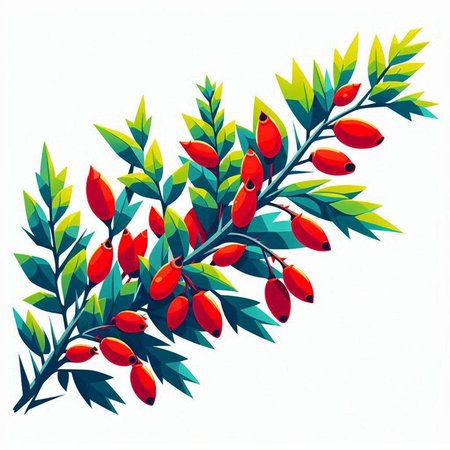 Vector illustration of rosehip branch with ripe berries on white background.のイラスト素材