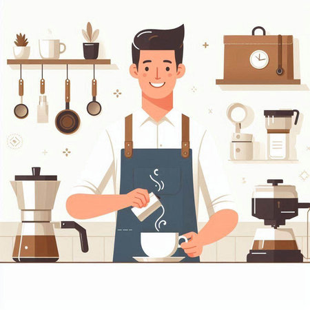 Coffee shop. Man in apron making coffee. Vector illustrationのイラスト素材