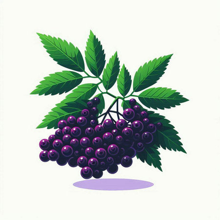 Bunch of ripe black elderberry with green leaves. Vector illustration.のイラスト素材