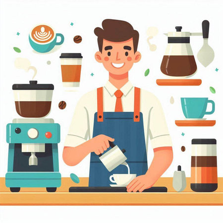 Coffee shop barista in apron making coffee. Vector illustrationのイラスト素材