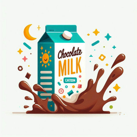 Milk carton with milk splash and chocolate drops. Vector illustration.のイラスト素材
