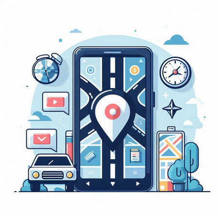 Navigation concept with mobile phone. Vector illustration in flat style.のイラスト素材