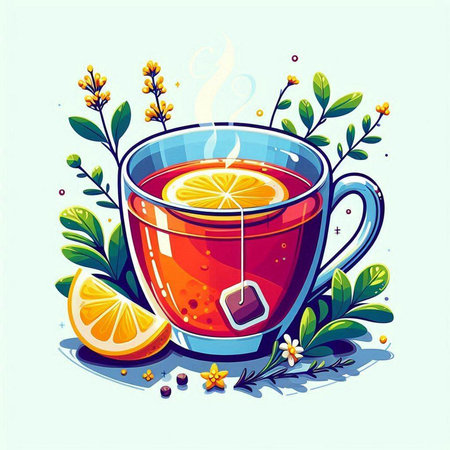 Cup of hot tea with lemon and berries. Vector illustration.のイラスト素材