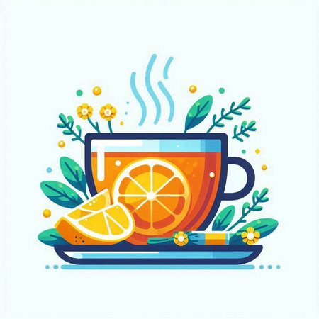 Cup of tea with lemon and herbs. Vector illustration in flat styleのイラスト素材