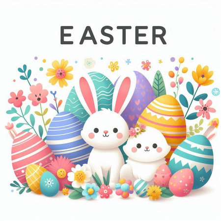 Happy Easter greeting card with cute bunny, eggs and flowers. Vector illustration.のイラスト素材