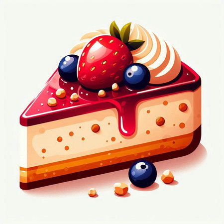 Vector illustration of a piece of cake with strawberries and blueberries.のイラスト素材