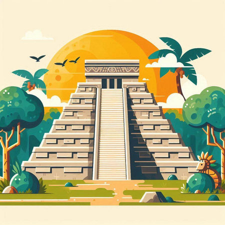 Ancient Mayan pyramid in the jungle. Vector illustration in flat styleのイラスト素材