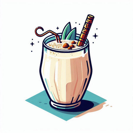 Illustration of a glass of milk shake decorated with coffee beans and cinnamon stickのイラスト素材