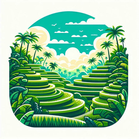 Terraced rice field with coconut palm tree. Vector illustration.のイラスト素材