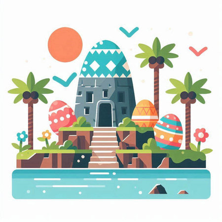 Vector illustration of the island of Santorini, Greecerated with eggs and palm trees.のイラスト素材