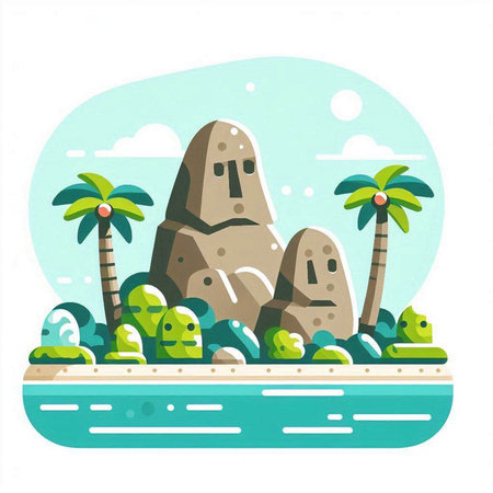 Tropical island with palm trees and rocks. Vector illustration.のイラスト素材