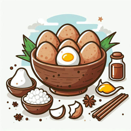 Illustration of boiled eggs in a wooden bowl with spices and herbsのイラスト素材
