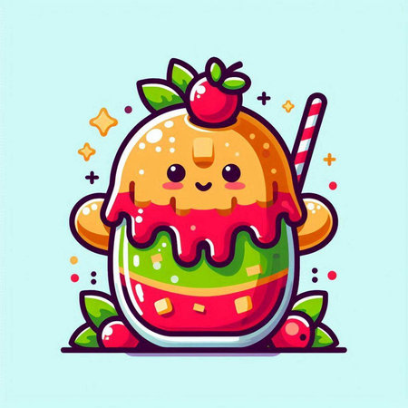 Cute strawberry ice cream cartoon icon, vector illustration. Flat design style.のイラスト素材