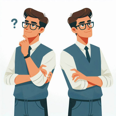 Vector illustration of a young man with glasses and a question mark.のイラスト素材
