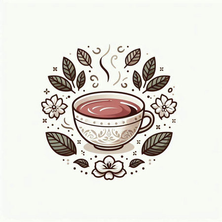 Cup of tea with floral ornament on white background. Vector illustration.のイラスト素材