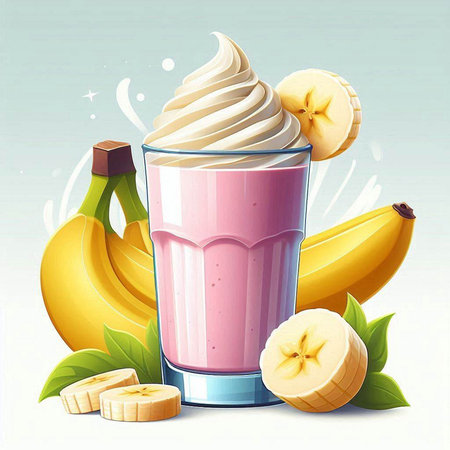 Vector illustration of a glass of banana smoothie with whipped cream and fresh bananasのイラスト素材