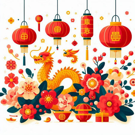 Chinese New Year banner with dragon, flowers and lanterns. Vector illustration.のイラスト素材