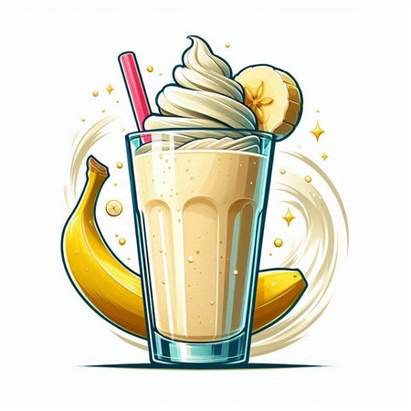 Banana milkshake with whipped cream and banana slices. Vector illustration.のイラスト素材