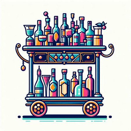 Colorful vector illustration of a cart with bottles of alcoholic beverages.のイラスト素材