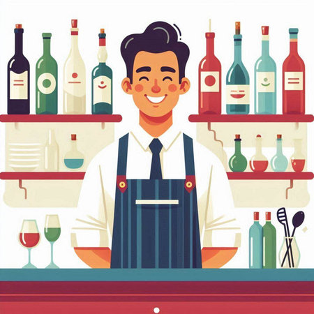 Male bartender in apron standing at the bar counter. Flat vector illustrationのイラスト素材