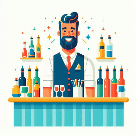 Bartender standing at the bar counter. Flat style vector illustration.のイラスト素材