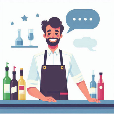 Handsome bartender in apron standing near the bar counter. Vector flat illustrationのイラスト素材