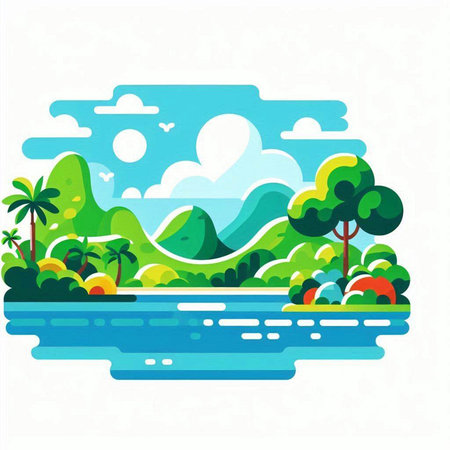 Flat vector illustration of tropical island with palm trees and sea.のイラスト素材