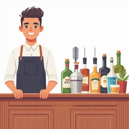 Barman in apron standing at the counter. Vector illustration.のイラスト素材