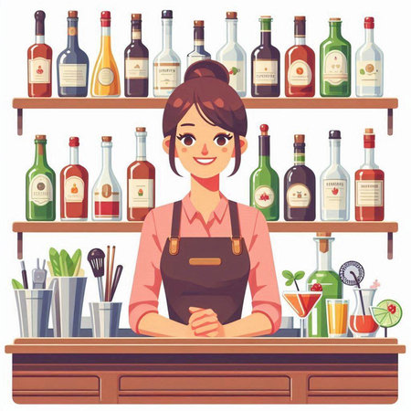 Bartender woman in apron at bar counter. Vector illustrationのイラスト素材