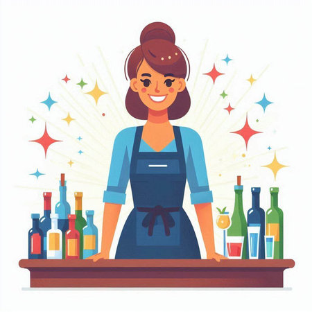 Bartender woman in apron standing at the bar counter. Vector illustrationのイラスト素材