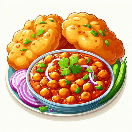 Illustration of a bowl of spicy chickpeas with onion and parsleyのイラスト素材