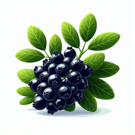 Blueberries with green leaves isolated on white background. Vector illustration.のイラスト素材