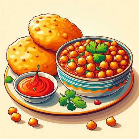 Illustration of a bowl of red lentils with parsley and tomato sauceのイラスト素材