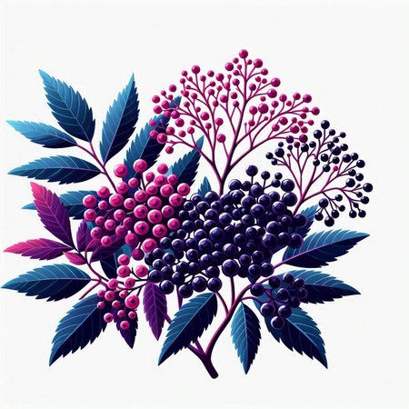 Bunch of black elderberry with leaves and berries. Vector illustration.のイラスト素材