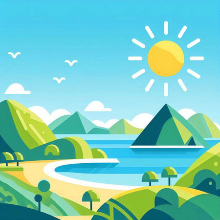 Summer landscape with mountains, river and sun. Vector illustration in flat styleのイラスト素材