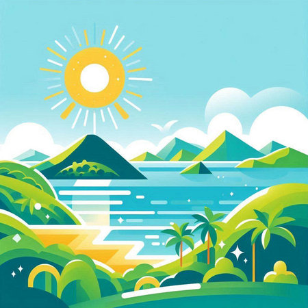 Summer landscape with sea, mountains and palm trees. Vector illustration.のイラスト素材