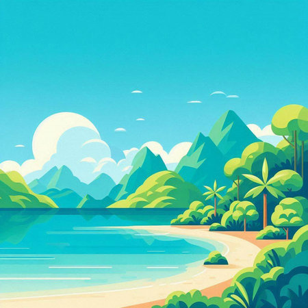 Vector illustration of a beautiful beach in the mountains. Landscape with mountains and sea.のイラスト素材