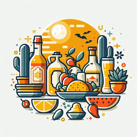 Vector illustration of Mexican food and drinks in flat line design style.のイラスト素材
