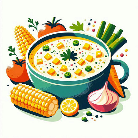 Vegetable soup with carrot, corn, onion, parsley in a bowl. Vector illustration.のイラスト素材