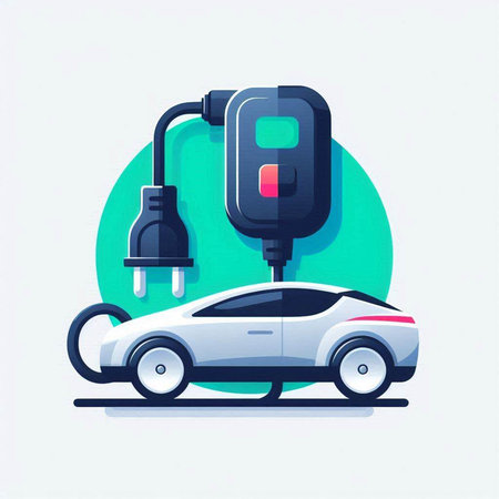 Electric car and plug. Vector illustration in flat style on white background.のイラスト素材