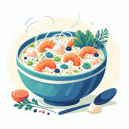 Vector illustration of a bowl of soup with shrimps and vegetablesのイラスト素材
