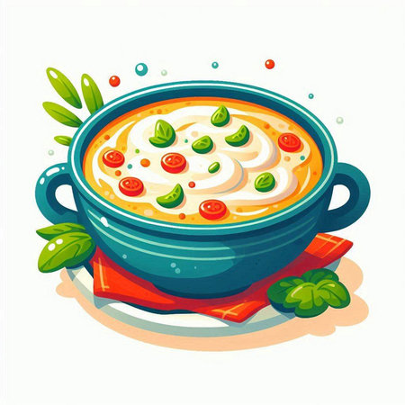 Illustration of a bowl of vegetable soup with tomatoes and mozzarellaのイラスト素材