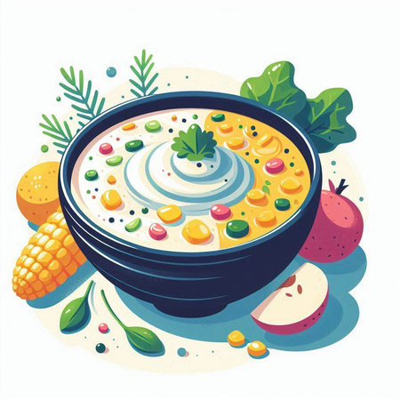 Vector illustration of a bowl of vegetable soup with cream and fresh vegetablesのイラスト素材