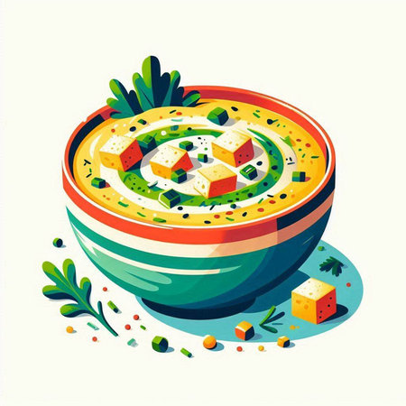 Vegetable soup with tofu in a bowl. Vector illustration.のイラスト素材