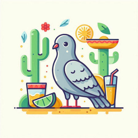Pigeon and cactus. Vector illustration in flat style.のイラスト素材