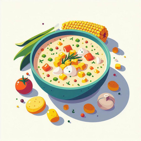 Vector illustration of a bowl of soup with corn, potato, carrot, onion and mushroomsのイラスト素材